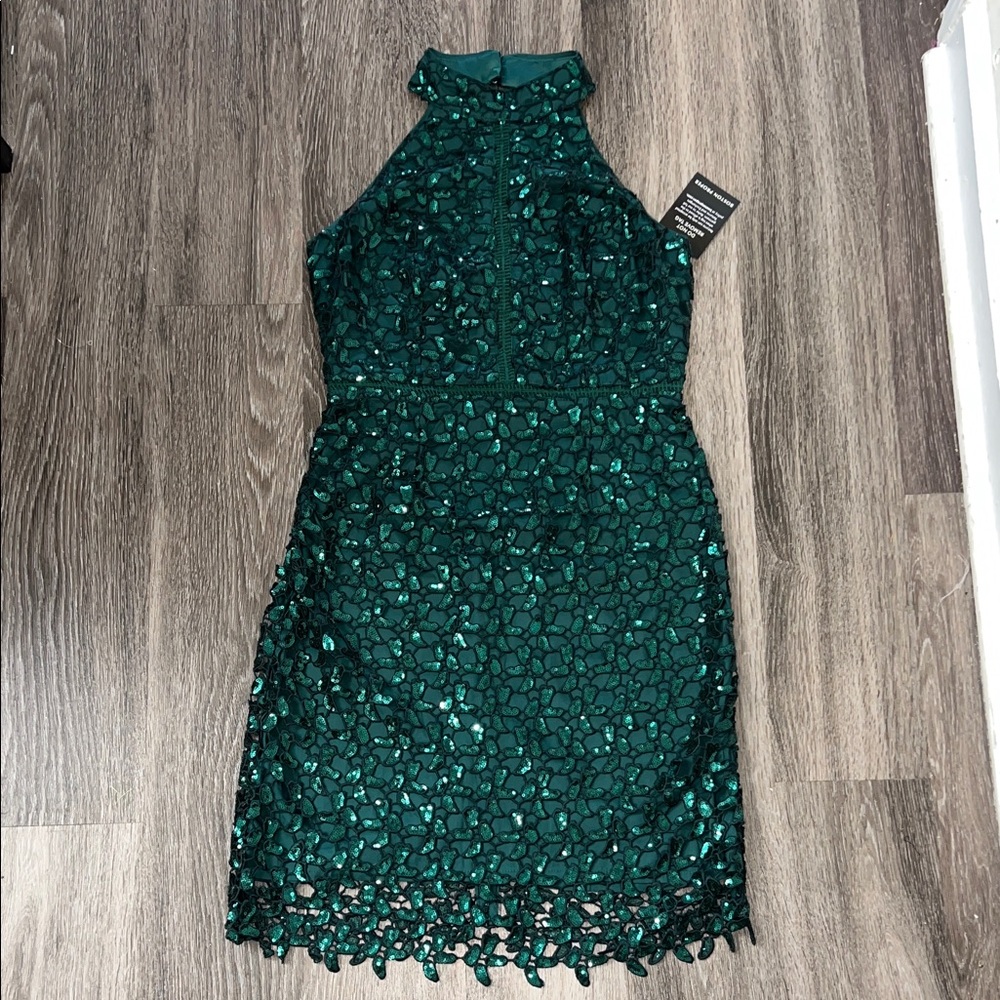 NWT Boston Proper Emerald Sequin Lace Mock Neck Sheath Dress Size 6 - Picture 2 of 12